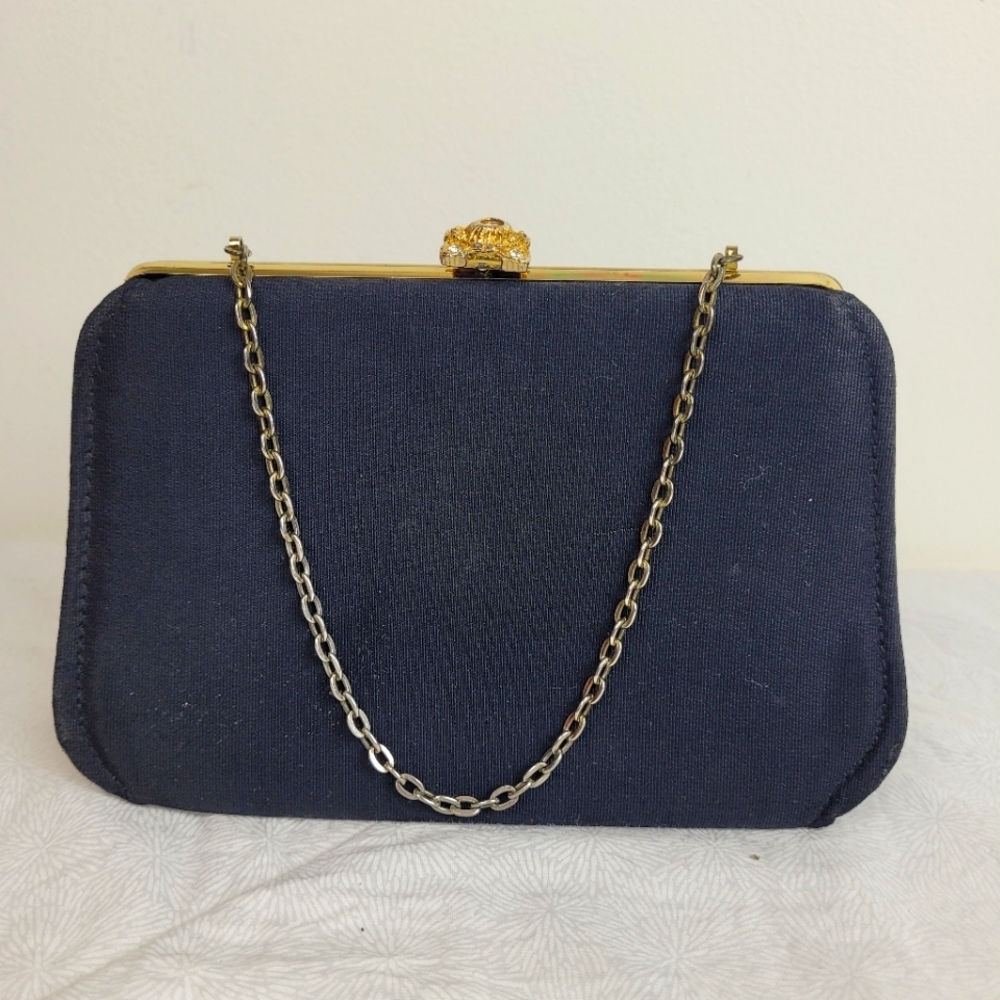 Vintage Elegant Small Black Fabric Clutch Short Gold Chain 4 1/2 X 6 1/2 fancy